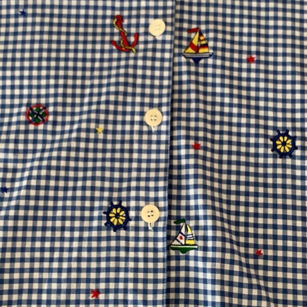 Teddi Womens XL Blue Gingham Nautical Embroidered Button Down Shirt Sailboat - Picture 4 of 4